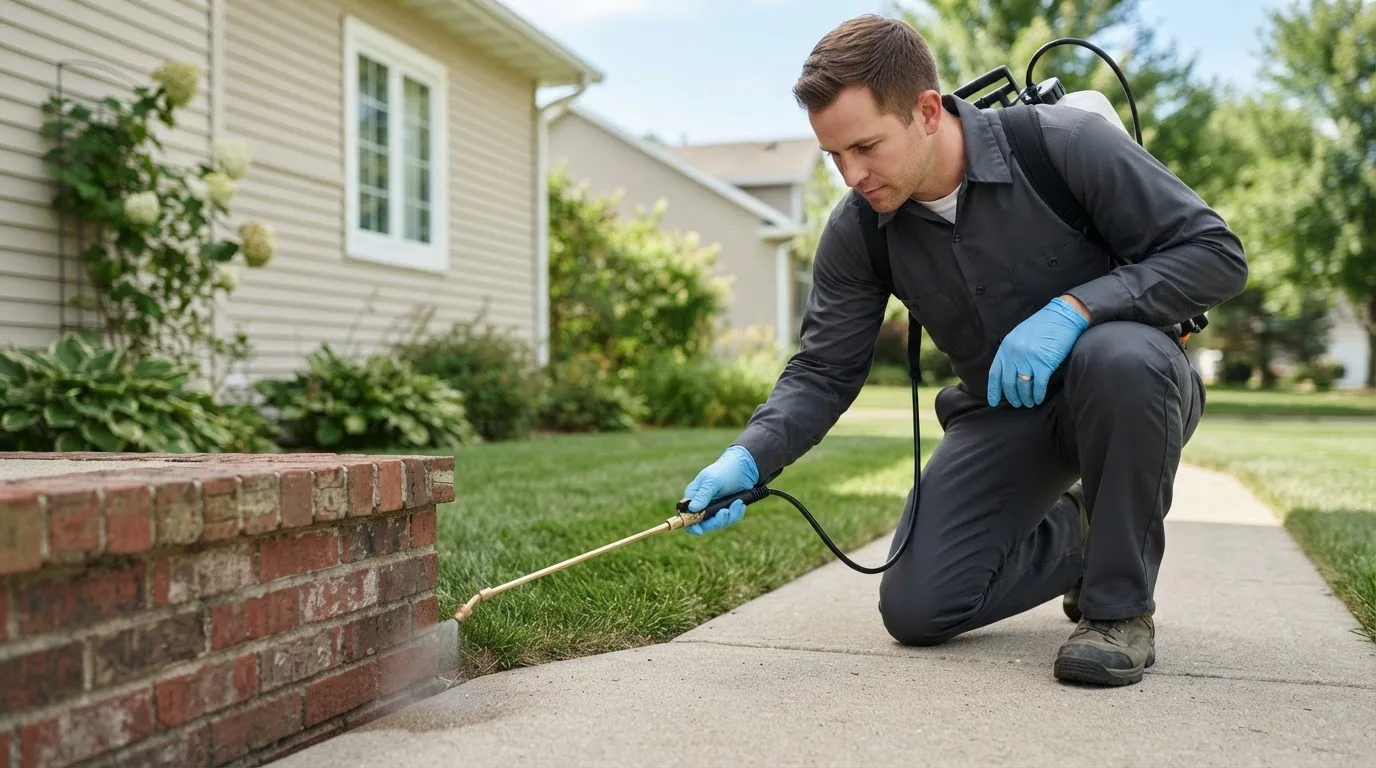 Pest control technician treating a home near Stronghurst, IL